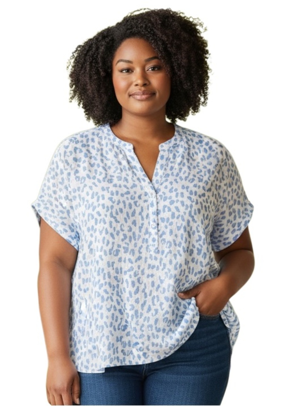 NOTTIBIANCHE Light Blue Leopard-Print Short Sleeve Cotton Blouse Size XL